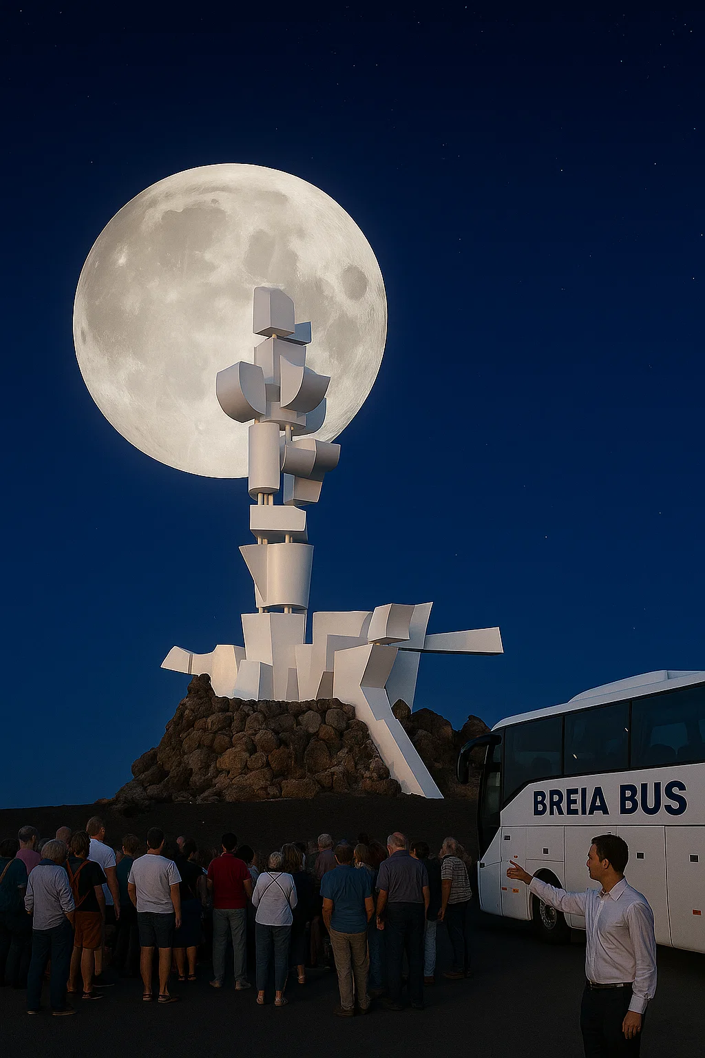Monumento al Campesino de noche con autobús Breia